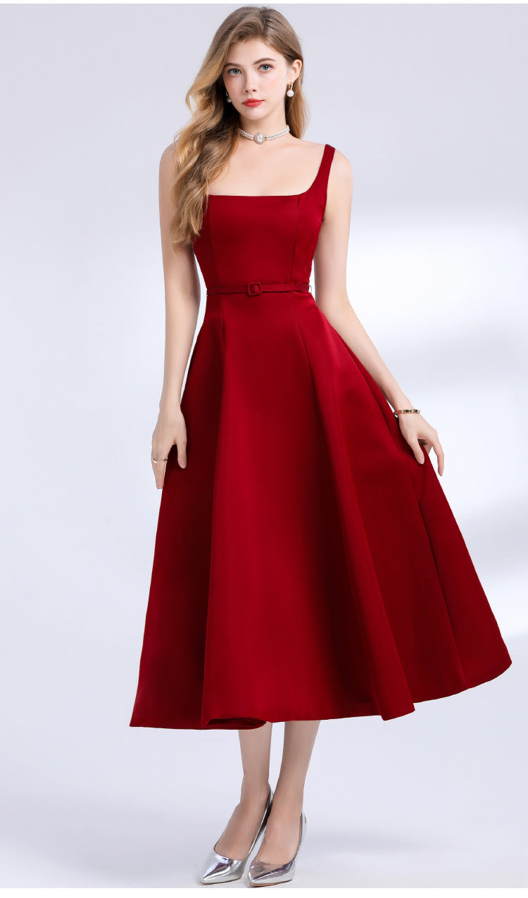 RED SATIN SQUARE NECK SLIP MIDI DRESS