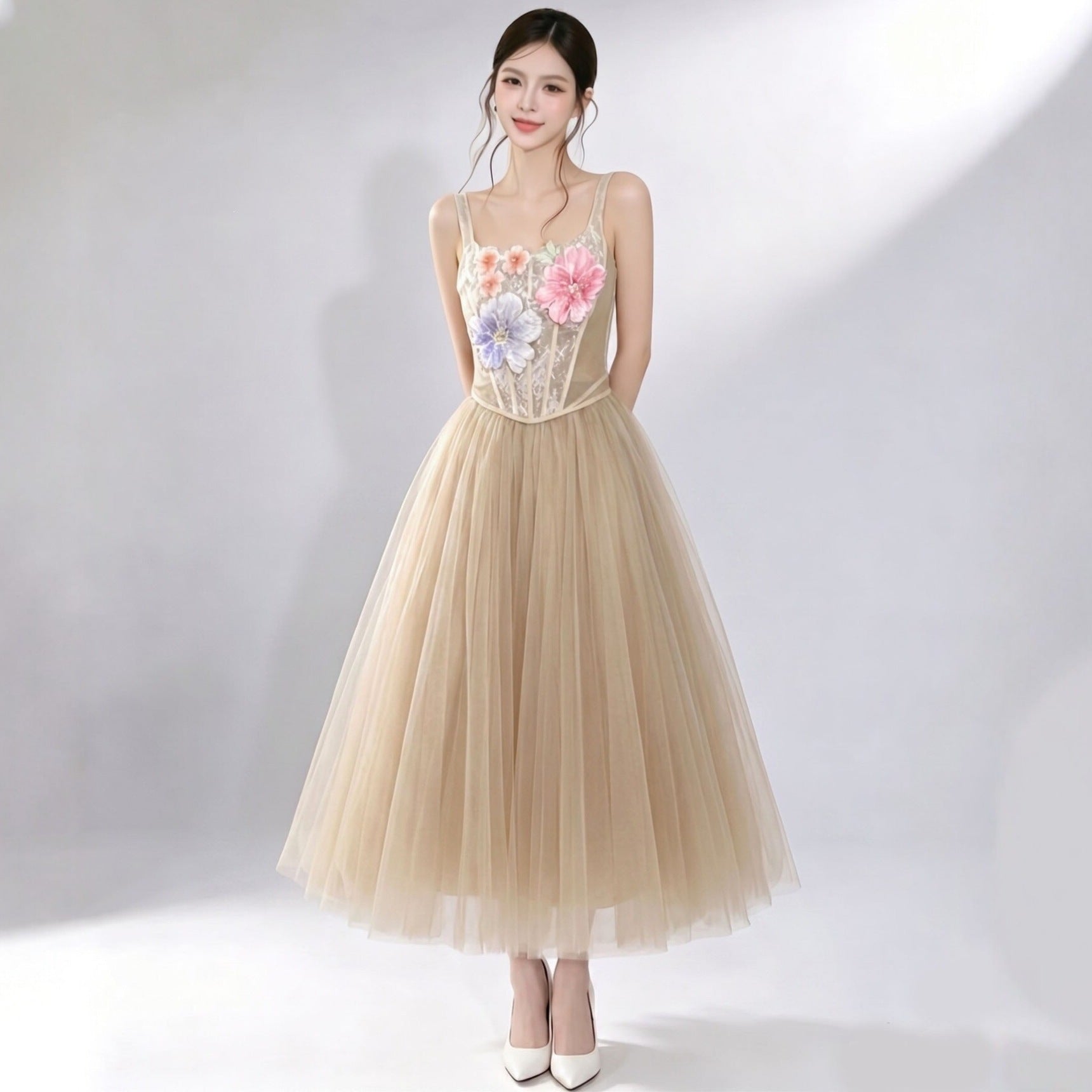 3D FLORAL TULLE SKIRT SET - CHAMPAGNE COCKTAIL