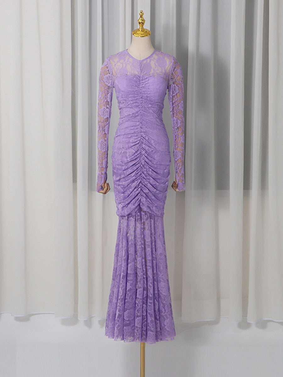 PENNY LACE RUCHED BODYCON MAXI DRESS IN PURPLE