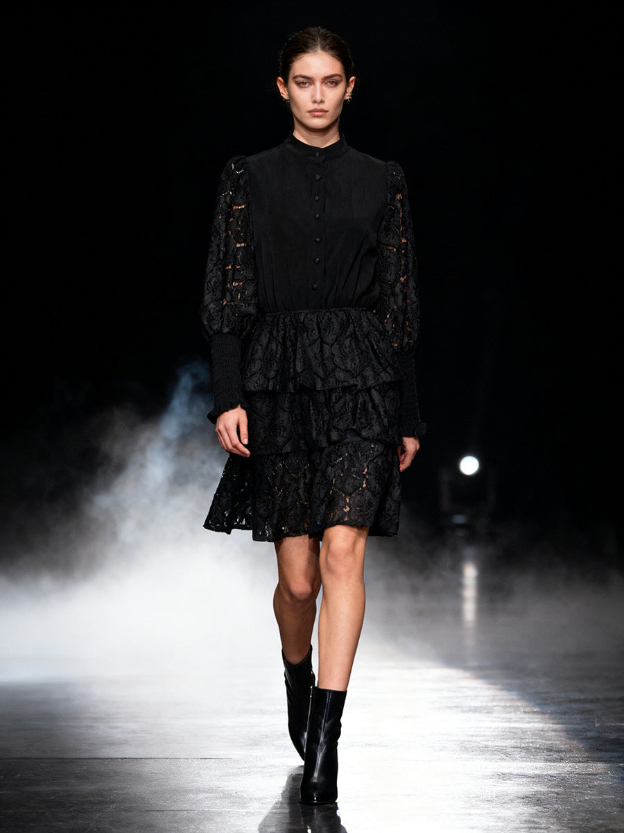 VANESSA BLACK LACE MINI DRESS, LONG SLEEVE
