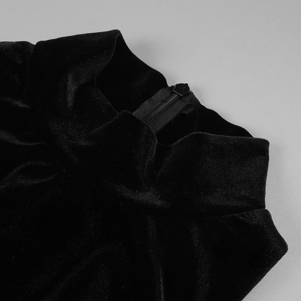 VELVET MESH PATCHWORK MAXI BLACK COCKTAIL DRESS