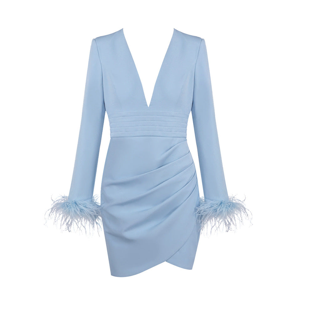 DEEP V FEATHER SLEEVE BLAZER MINI DRESS LIGHT BLUE