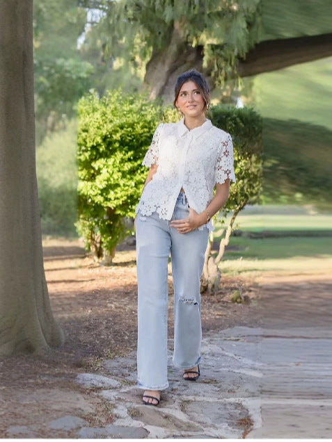 WHITE LACE CUT-OUT SHORT SLEEVE SHIRT TOP
