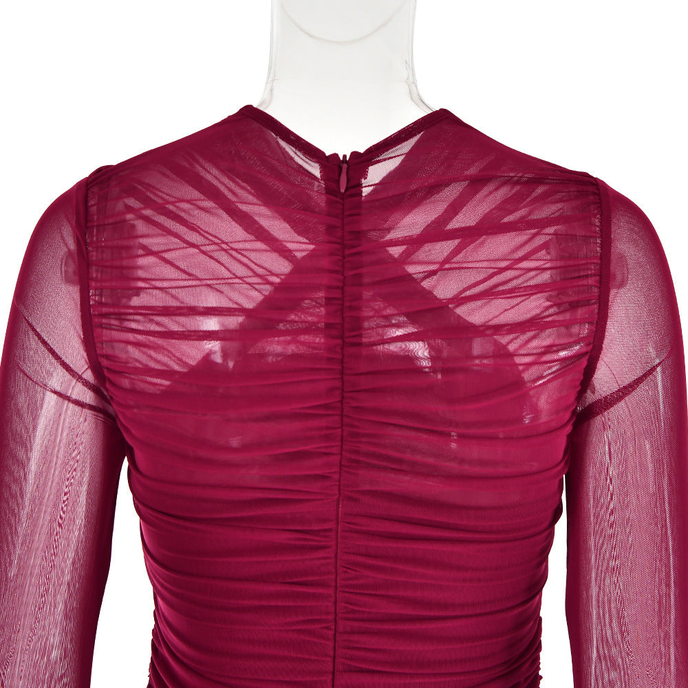 LONG SLEEVE RUCHED MESH WINE COCKTAIL DRESS