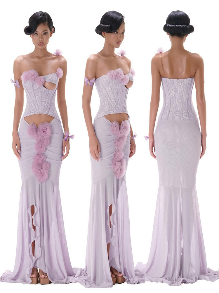SIGRID 3D FLOWER STRAPLESS FISHTAIL MAXI DRESS PURPLE