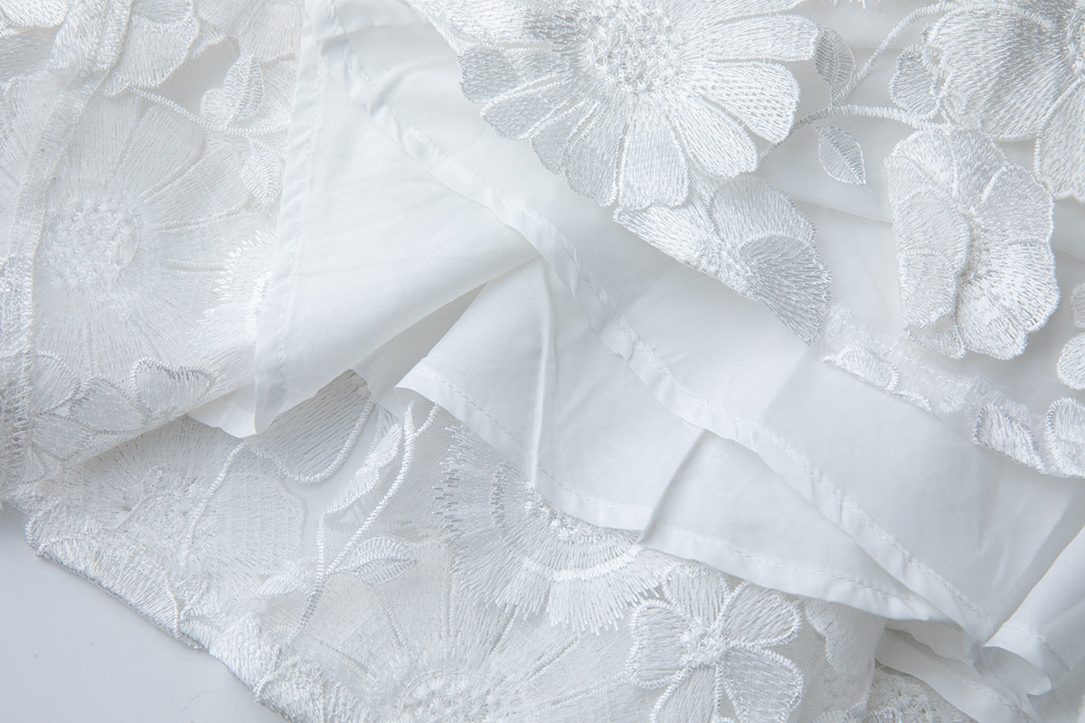 WHITE 3D FLORAL LACE MINI DRESS FOR WEDDING GUEST