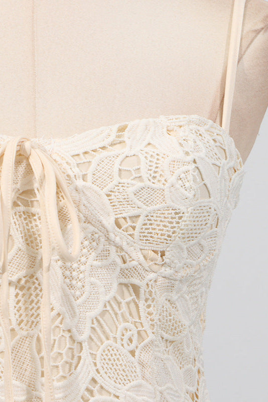 LACE HOLLOW SLEEVELESS YELLOW MINI PARTY DRESS