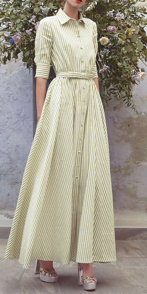 Green Striped Belted Shirt Maxi Dress Green Striped Belted Shirt Maxi Dress