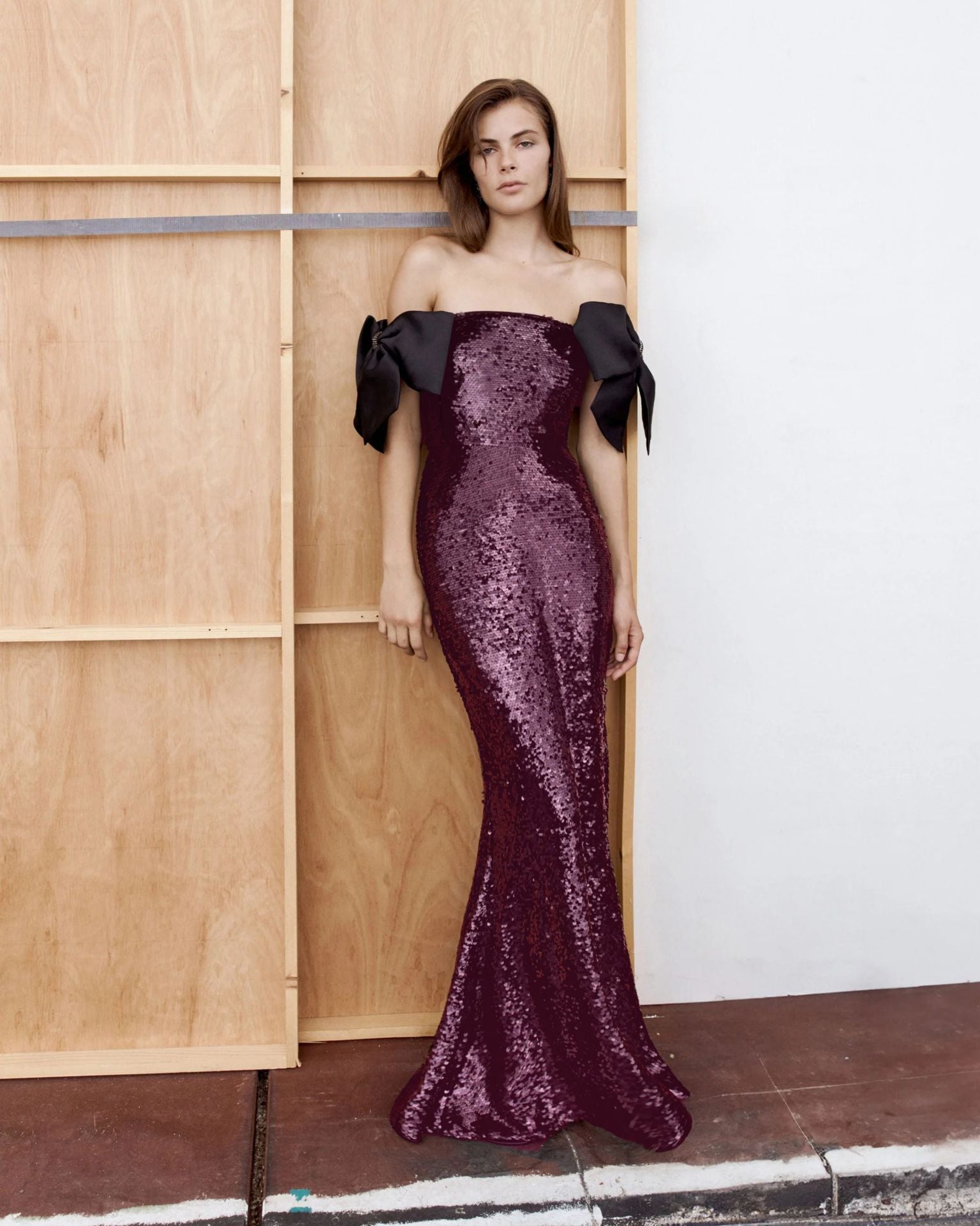 JESSIE BARDOT BOW SEQUIN MAXI DRESS, BURGUNDY WEDDING