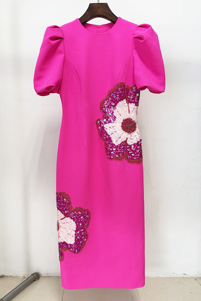 SEQUIN FLOWER PUFF SLEEVE MIDI DRESS IN PINK