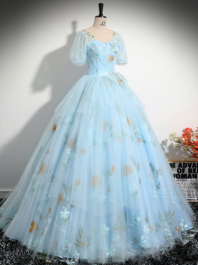V-NECK TULLE LACE BLUE PROM GOWN