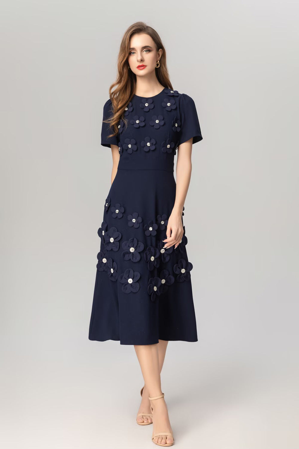 NAVY 3D FLOWER APPLIQUÉ MIDI DRESS FOR EVENTS