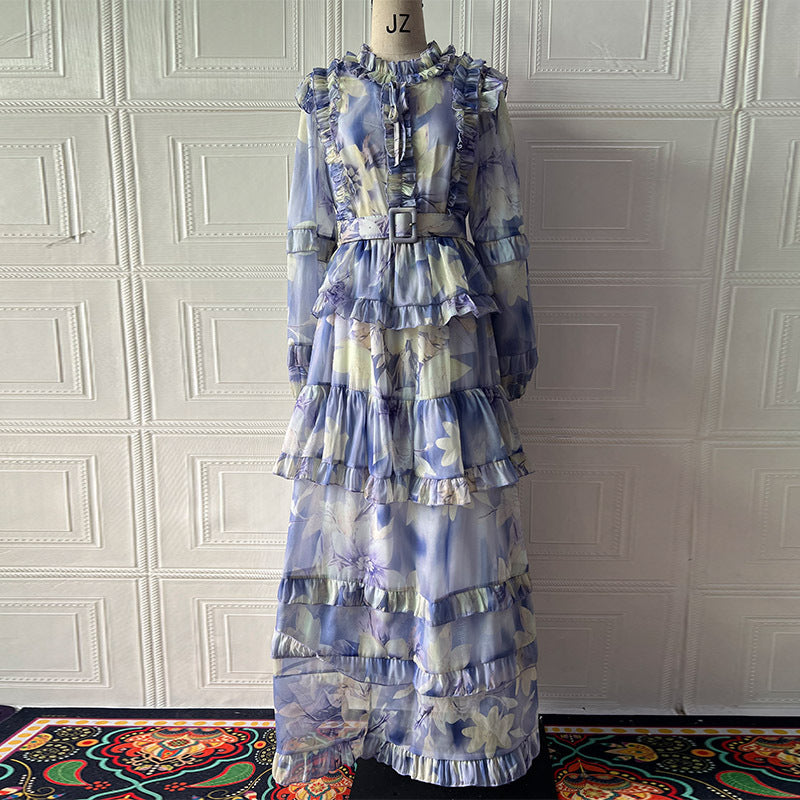 ALYSSA PURPLE FLORAL RUFFLE MAXI DRESS WITH BELT
