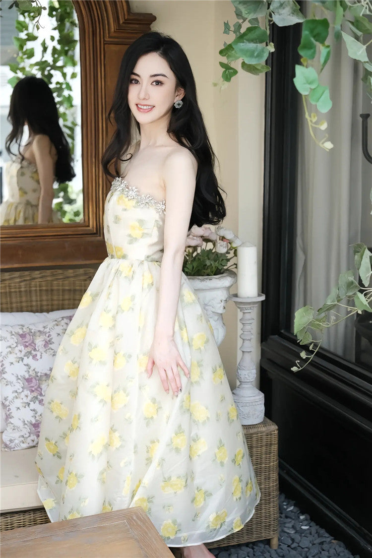 LEMON YELLOW STRAPLESS LONG COCKTAIL DRESS
