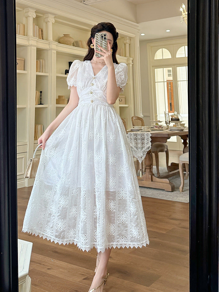 WHITE EYELET PUFF SLEEVE MIDI DRESS FOR SUMMER