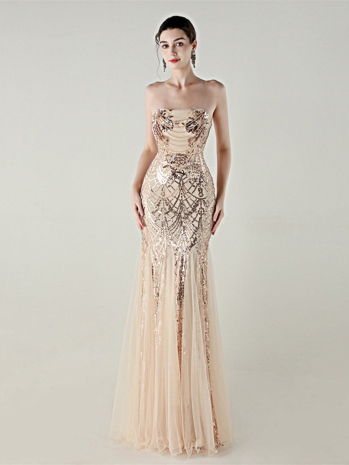 SEQUIN STRAPLESS TULLE MAXI DRESS FOR PARTY
