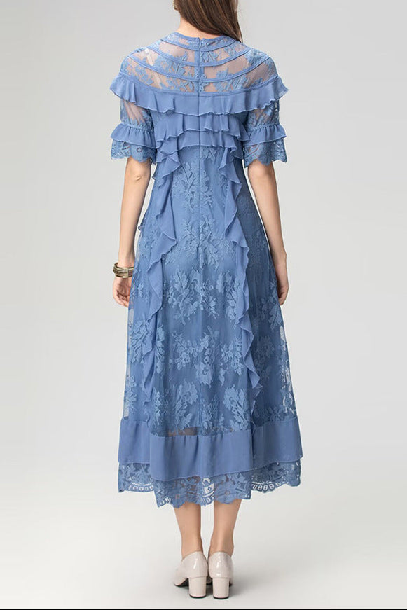 LORRAINE LACE MIDI DRESS WITH RUFFLE TRIM IN BLUE