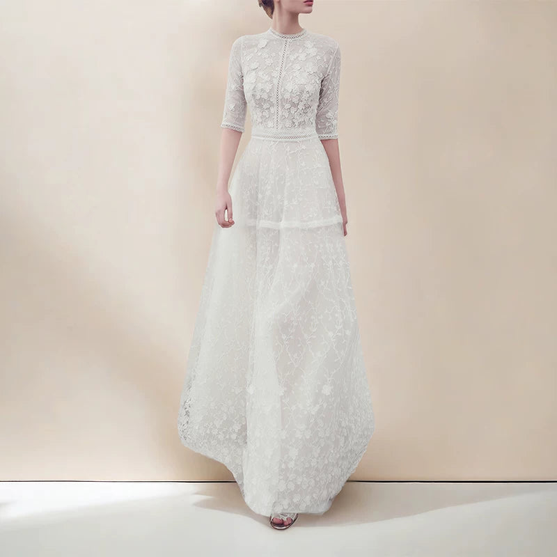 WHITE LACE SHORT MIDI DRESS FOR WEDDING GUEST