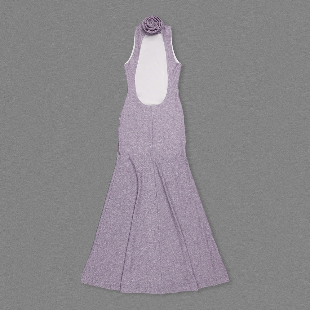 DELIA SLEEVELESS HALTER MAXI DRESS, PALE PURPLE FLOWER EMBELLISHED