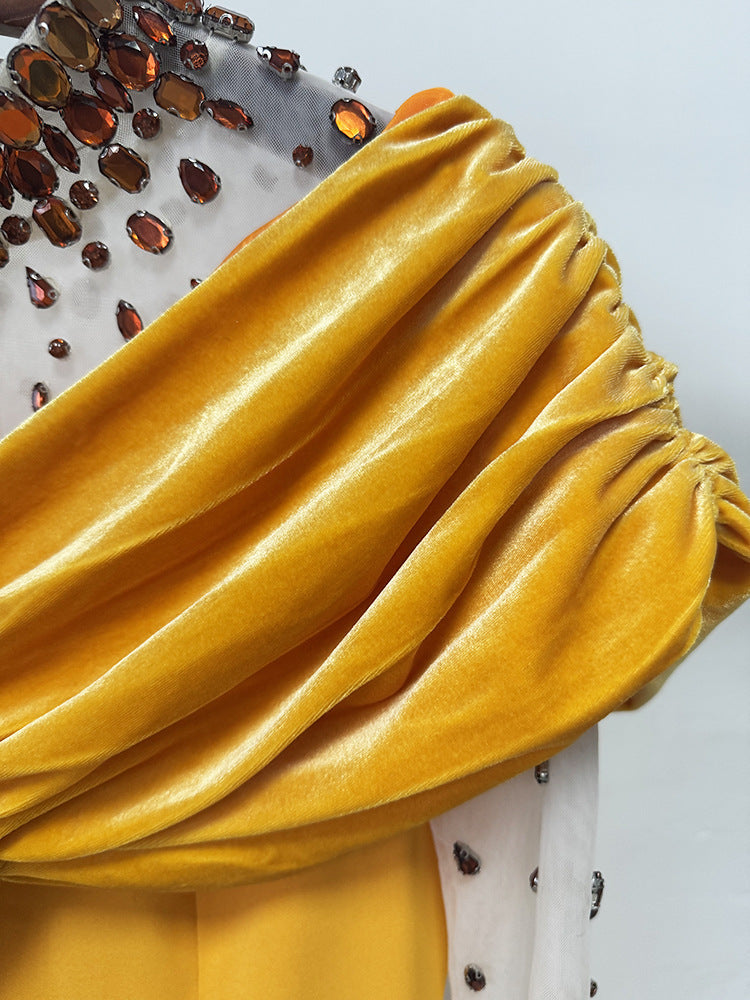 MESH PANEL BEADED RHINESTONE MAXI DRESS YELLOW