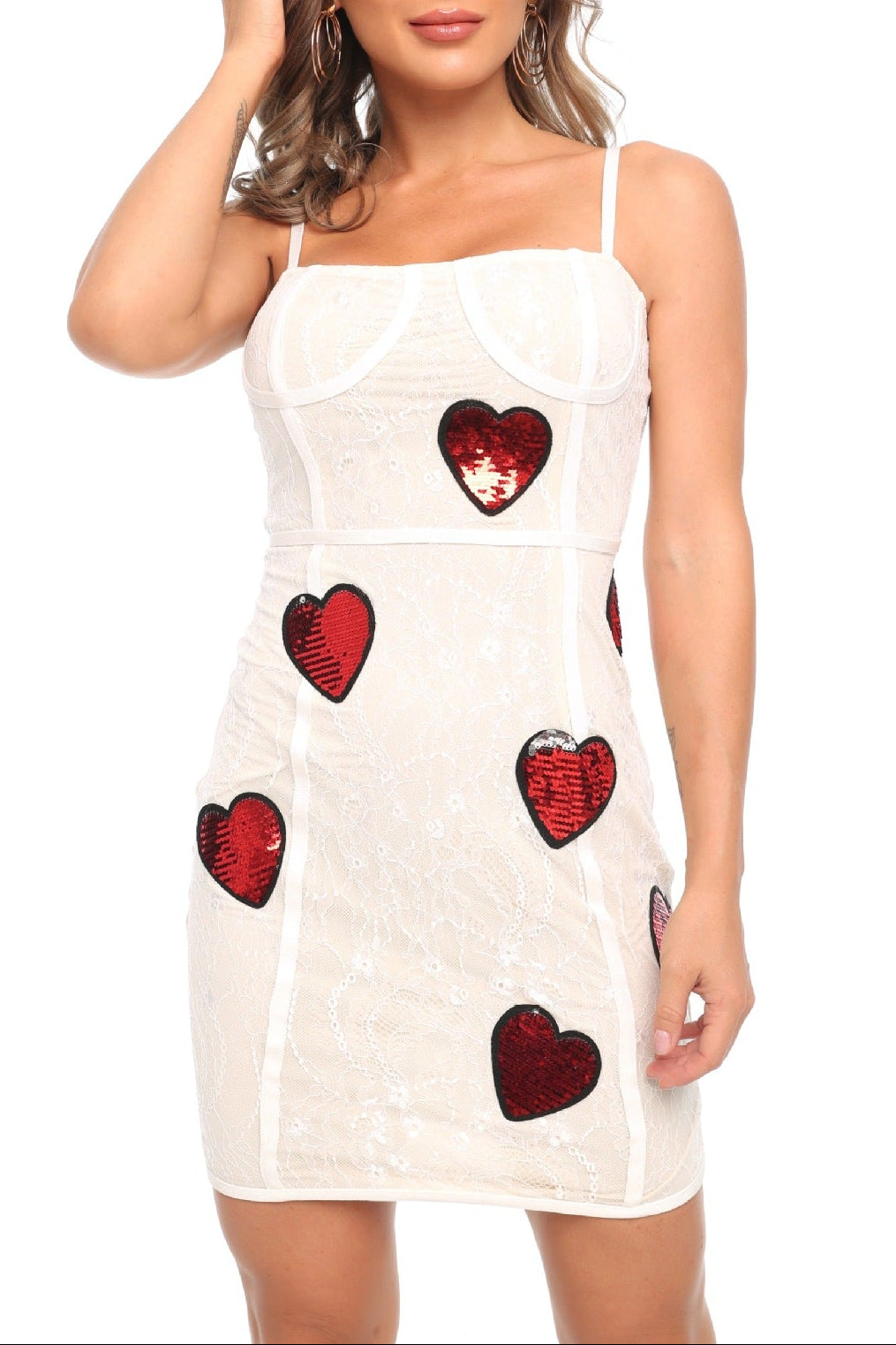 JESSICA SEQUIN HEART LACE MINI DRESS WHITE