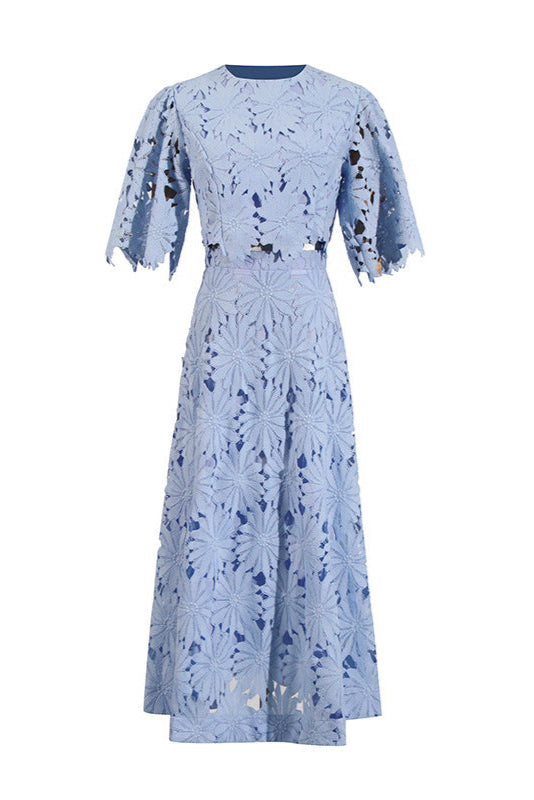 LACE EMBROIDERED BLUE TWO-PIECE SET, MAXI SKIRT, BOHO