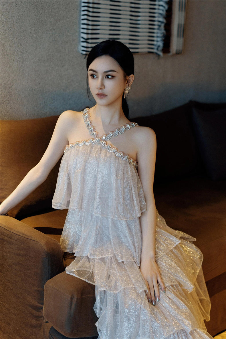 MERA SLEEVELESS DIAMOND CAKE EVENING DRESS