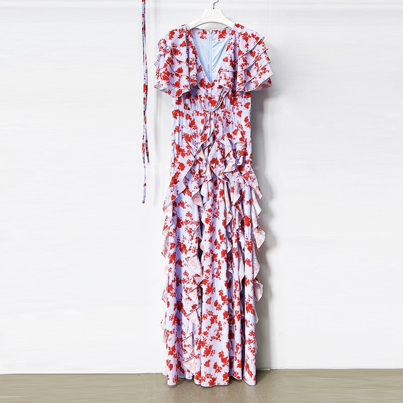MULTICOLOR FLORAL CHIFFON RUFFLE MAXI DRESS