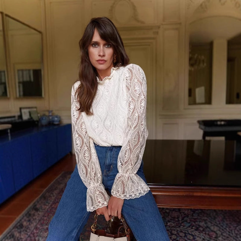HOLLOW LACE LONG SLEEVE TOP FOR PARTY