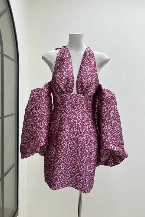 JACQUARD ROSE PINK HALTER MINI DRESS
