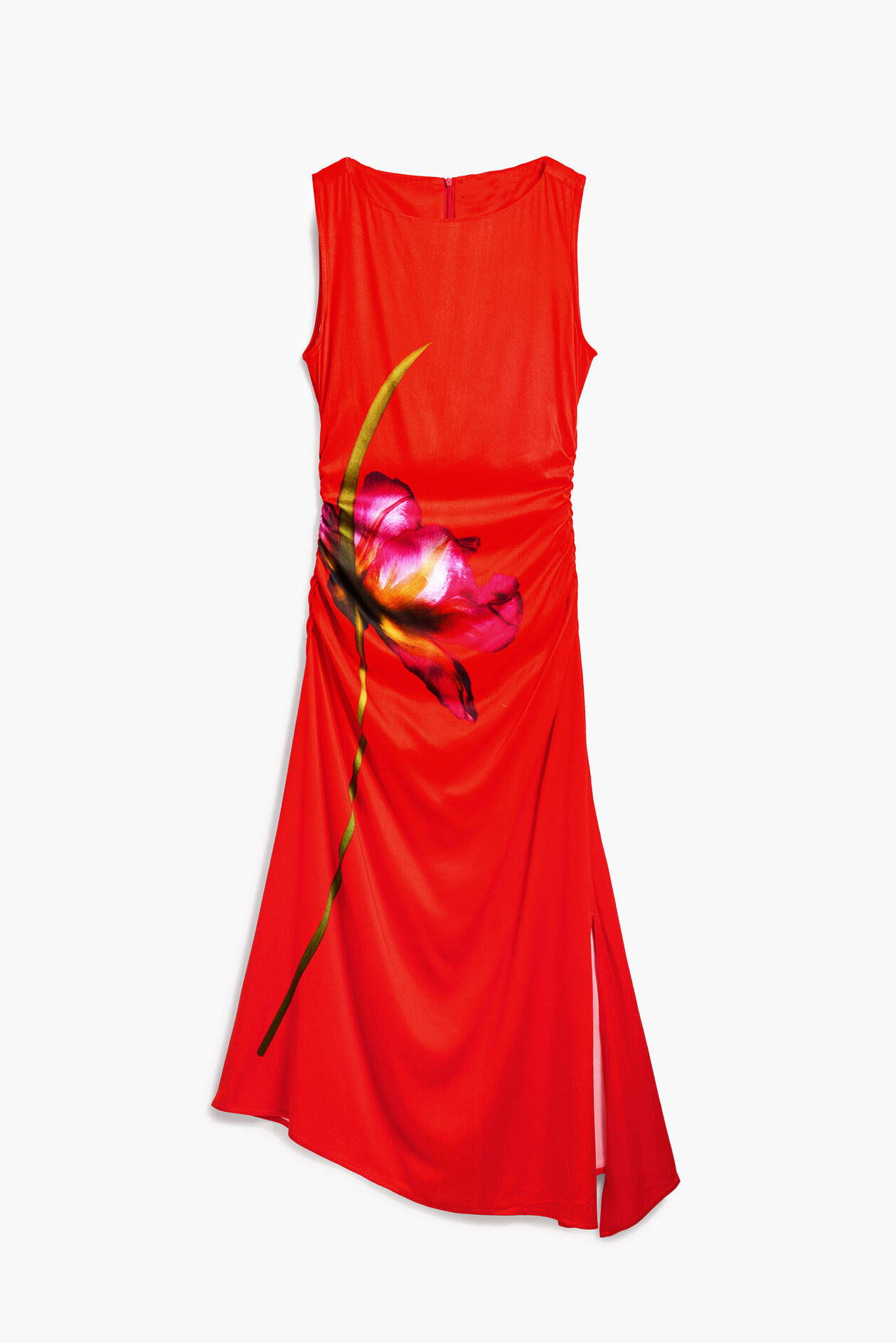 RED RUCHED MIDI DRESS, SLEEVELESS FLORAL FOR WEDDING