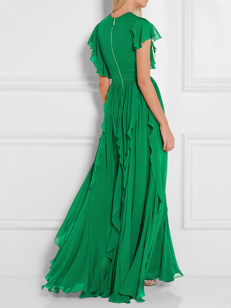 GREEN V-NECK RUFFLE MAXI DRESS FOR WEDDING GUEST