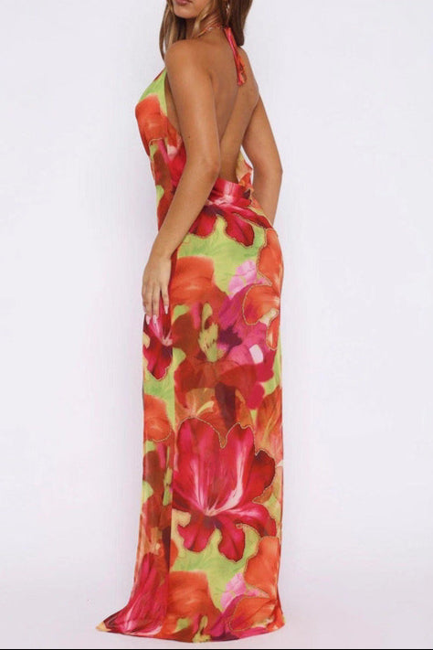 FALLING TROPICAL BLOOM HIGH SLIT MAXI DRESS