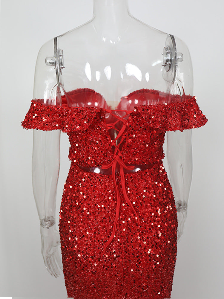 RED OFF-SHOULDER SEQUIN PARTY DRESS