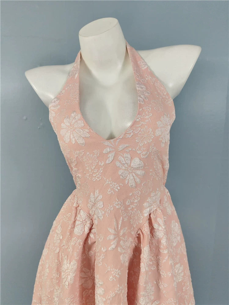 PINK JACQUARD HALTERNECK OPEN BACK SWING MIDI DRESS