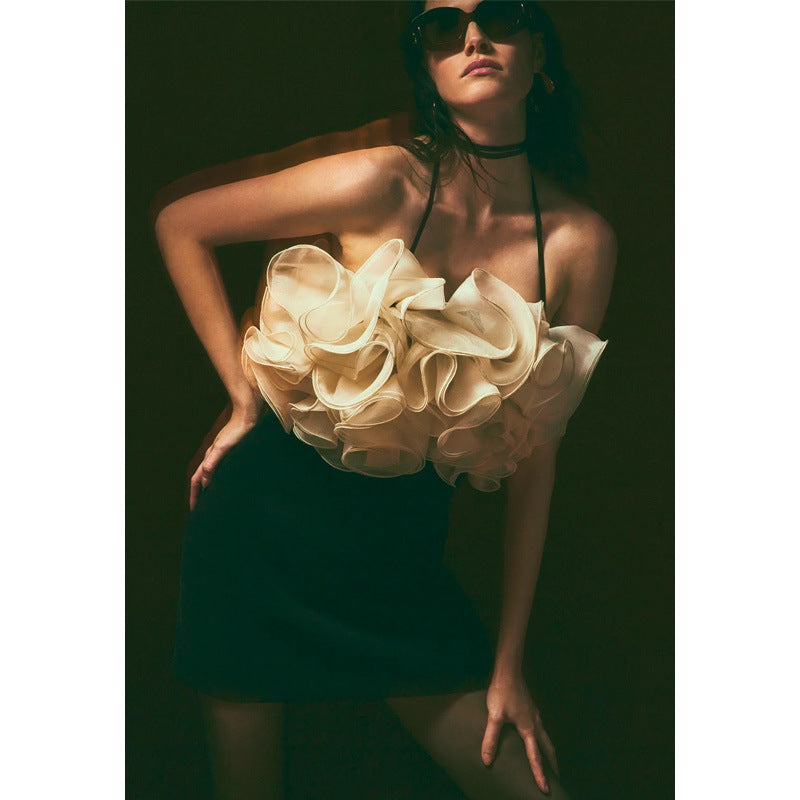 ROSEMARY BACKLESS RUFFLE MINI BLACK DRESS