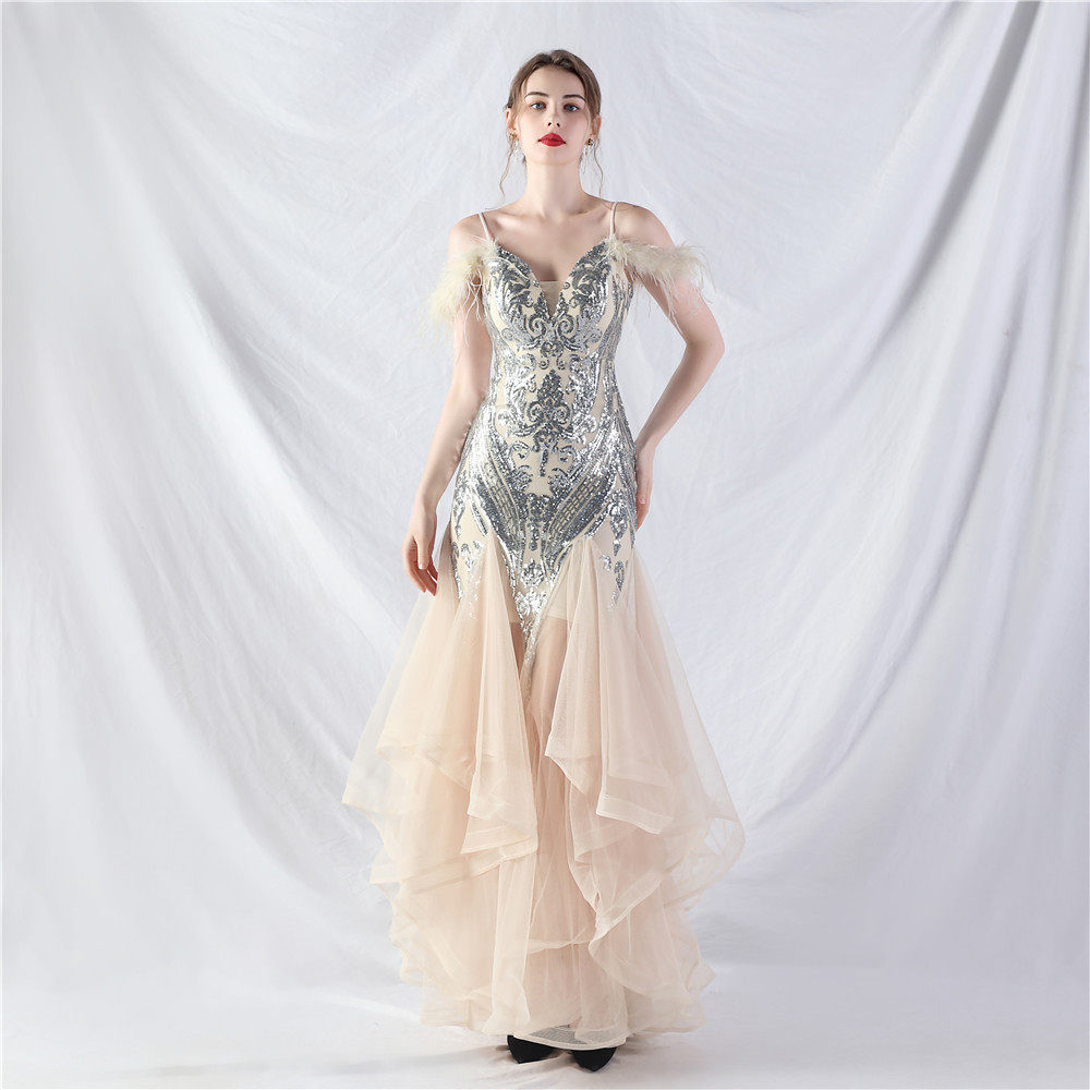 FEATHER SEQUIN STRAPLESS TULLE MAXI DRESS