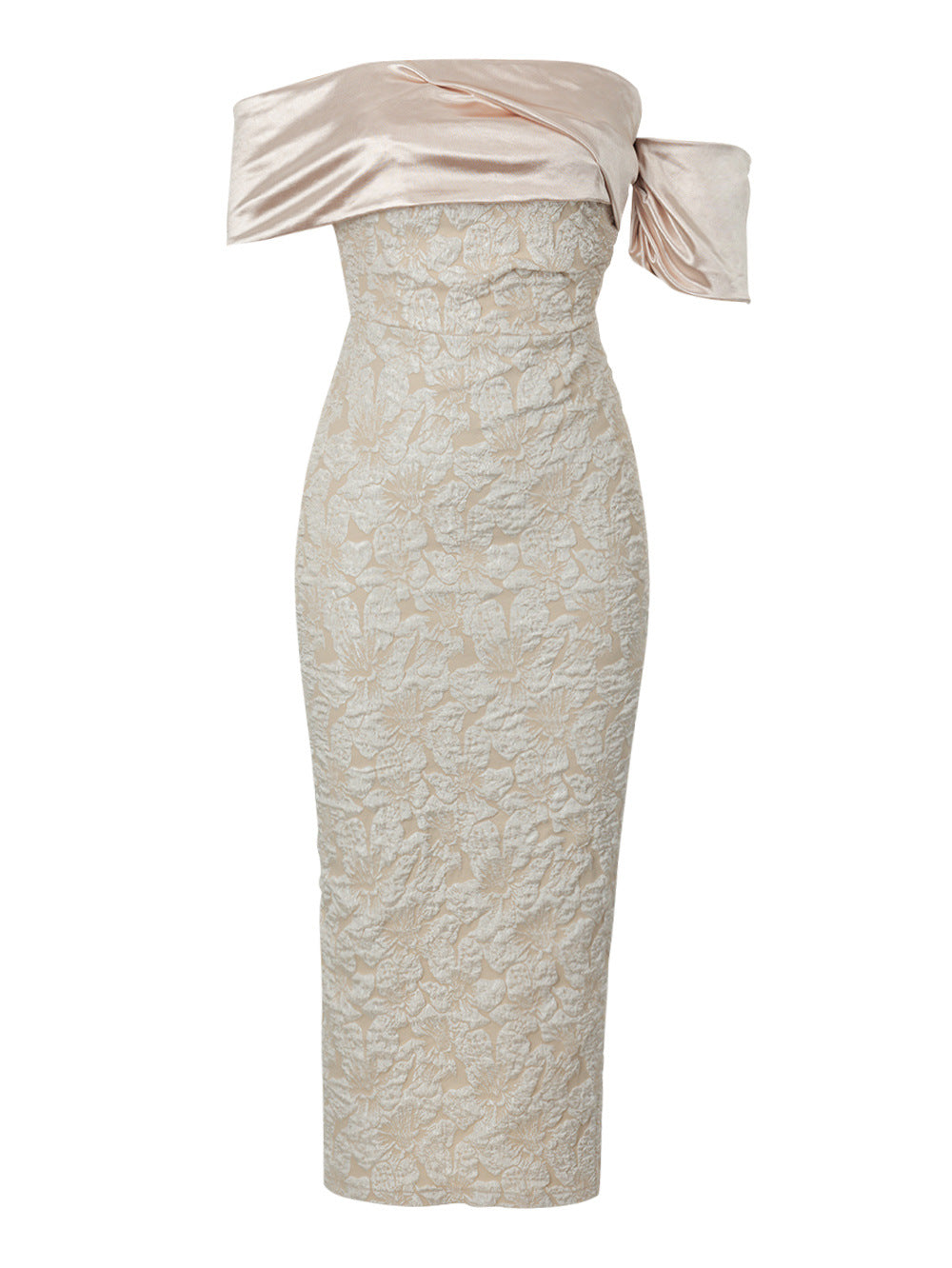 POLLY OFF-SHOULDER JACQUARD FLORAL MAXI DRESS - APRICOT