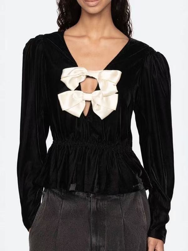 WALLIS BLACK VELVET V-NECK BOW TOP
