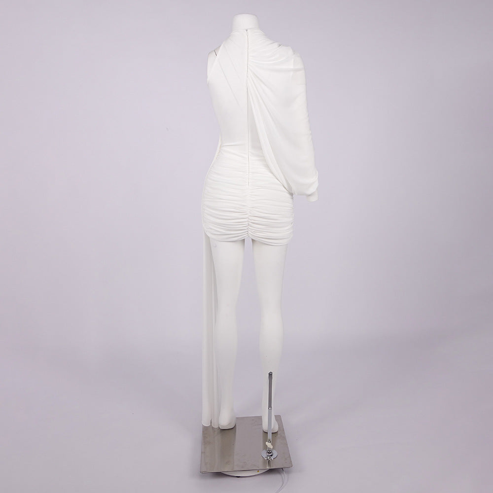 OFF-SHOULDER BODYCON MINI DRESS, PLEATED RIBBON, WHITE