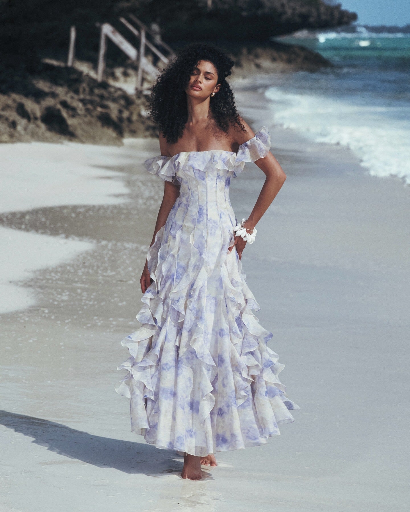HELEN FLORAL FRILL OFF-SHOULDER MAXI DRESS BLUE