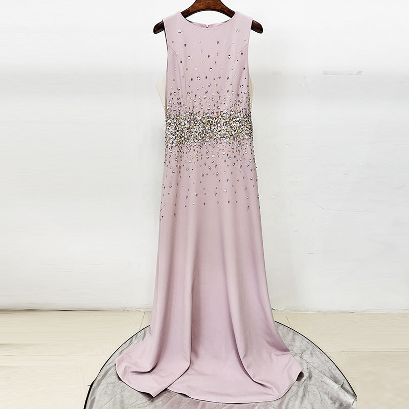 PINK BEADED RHINESTONE SLEEVELESS MAXI DRESS
