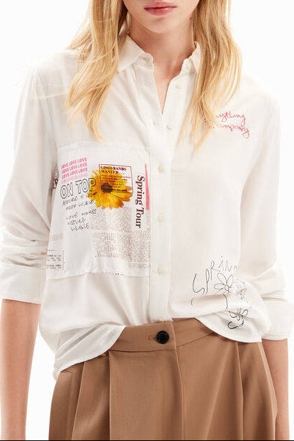 WHITE SUNFLOWER PRINT LONG SLEEVE BUTTON-DOWN SHIRT