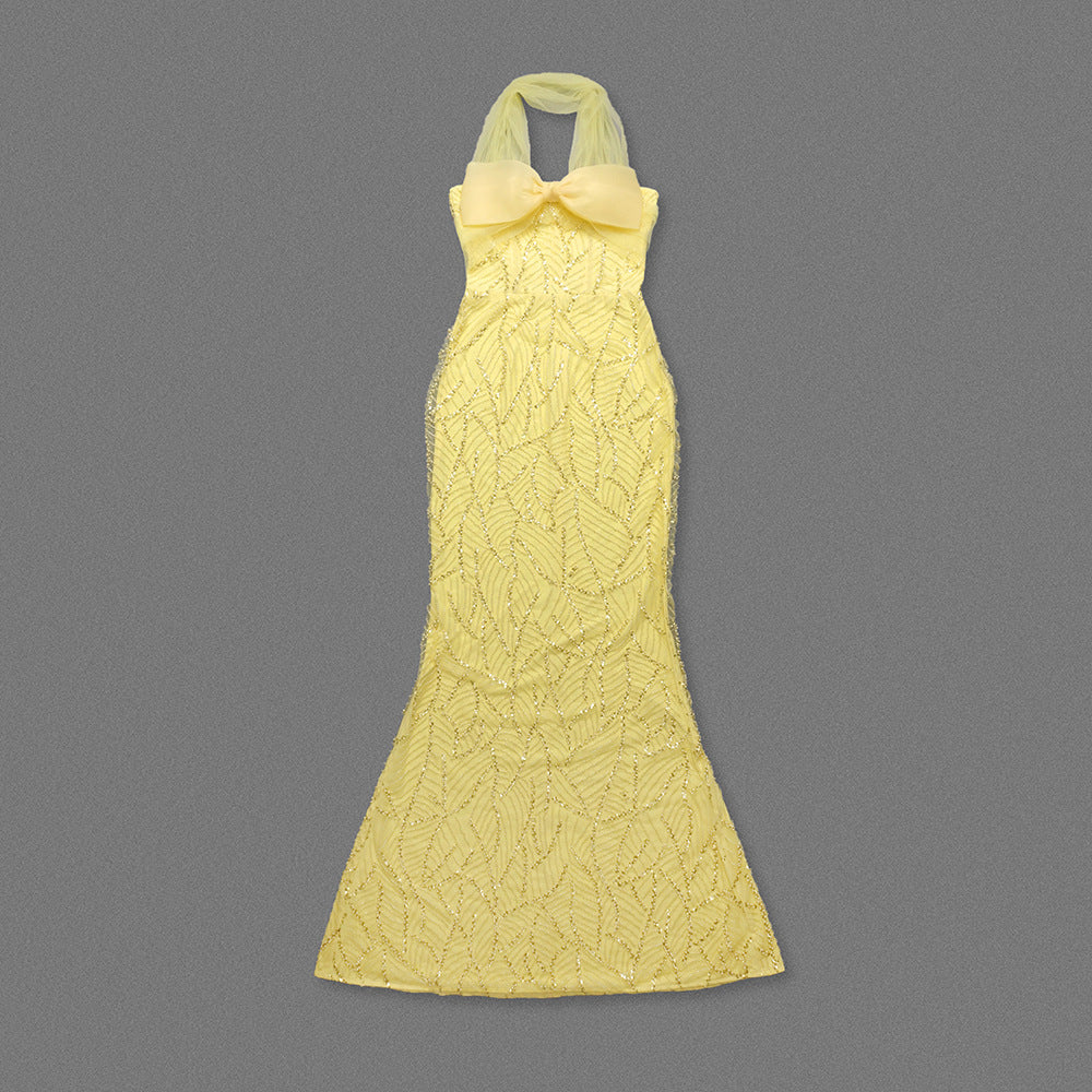 IRENE YELLOW HALTER BEADED BODYCON MAXI DRESS