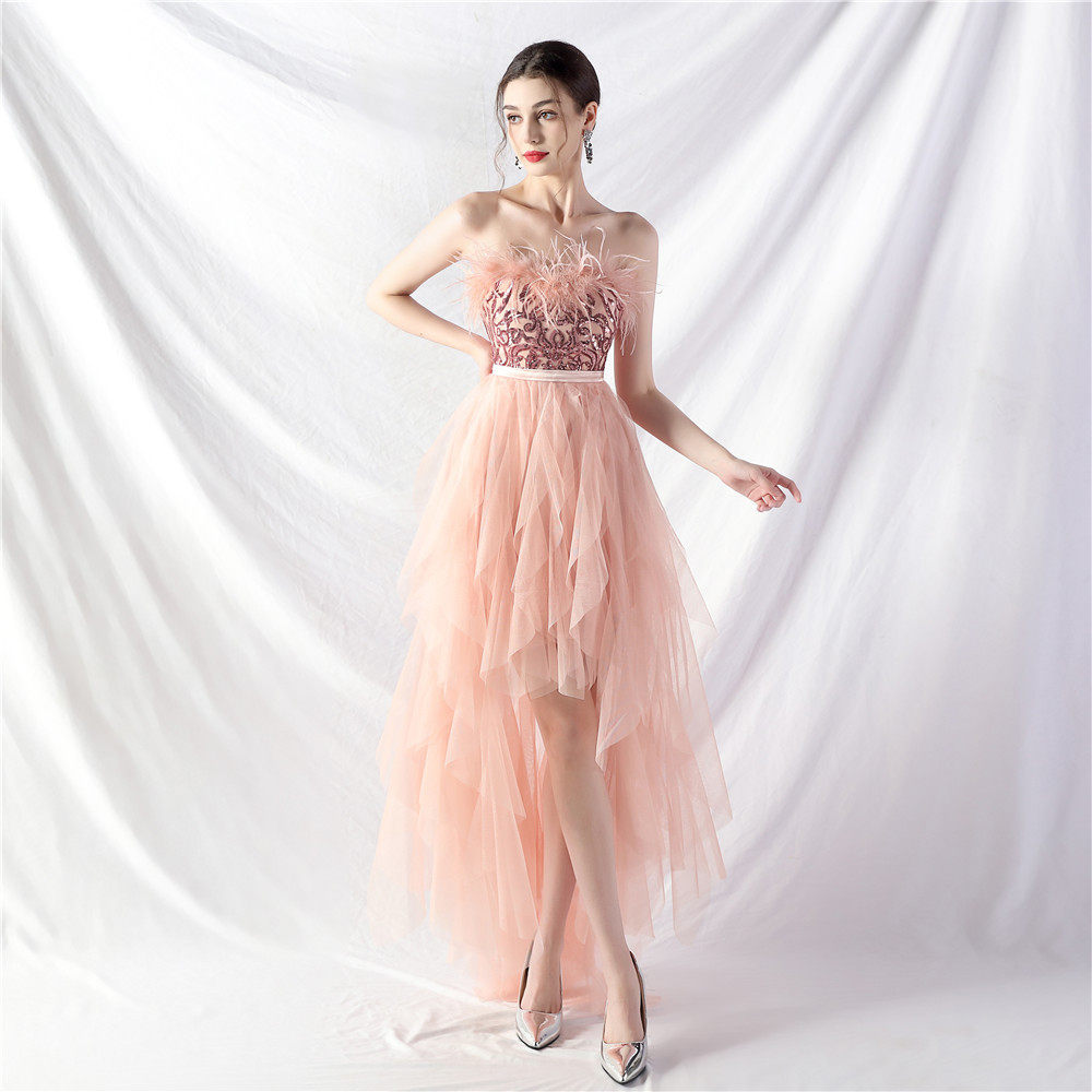 STRAPLESS FEATHER TULLE MIDI DRESS FOR PARTY