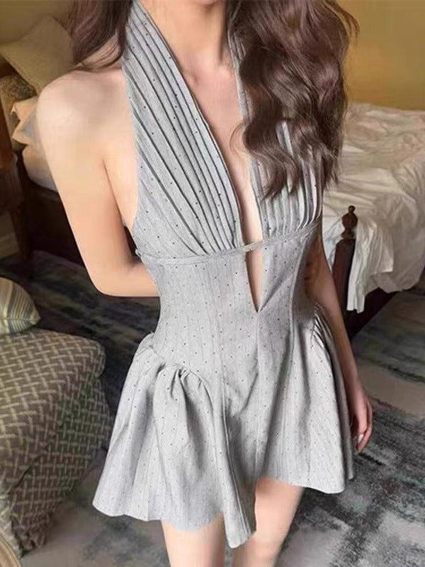 V-NECK PUFFY MINI DRESS, OPEN BACK POLKA DOT PARTY