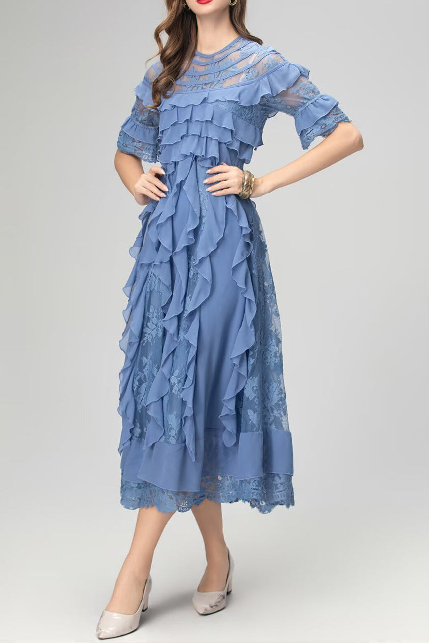 LORRAINE LACE MIDI DRESS WITH RUFFLE TRIM IN BLUE