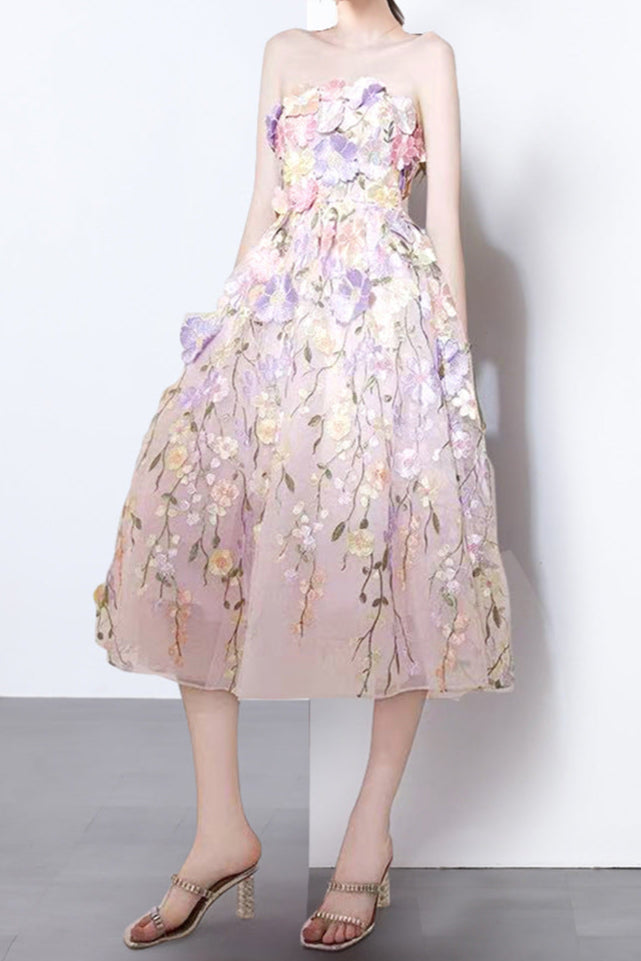 PASTEL PINK FLORAL EMBROIDERY MIDI DRESS FOR WEDDING GUEST