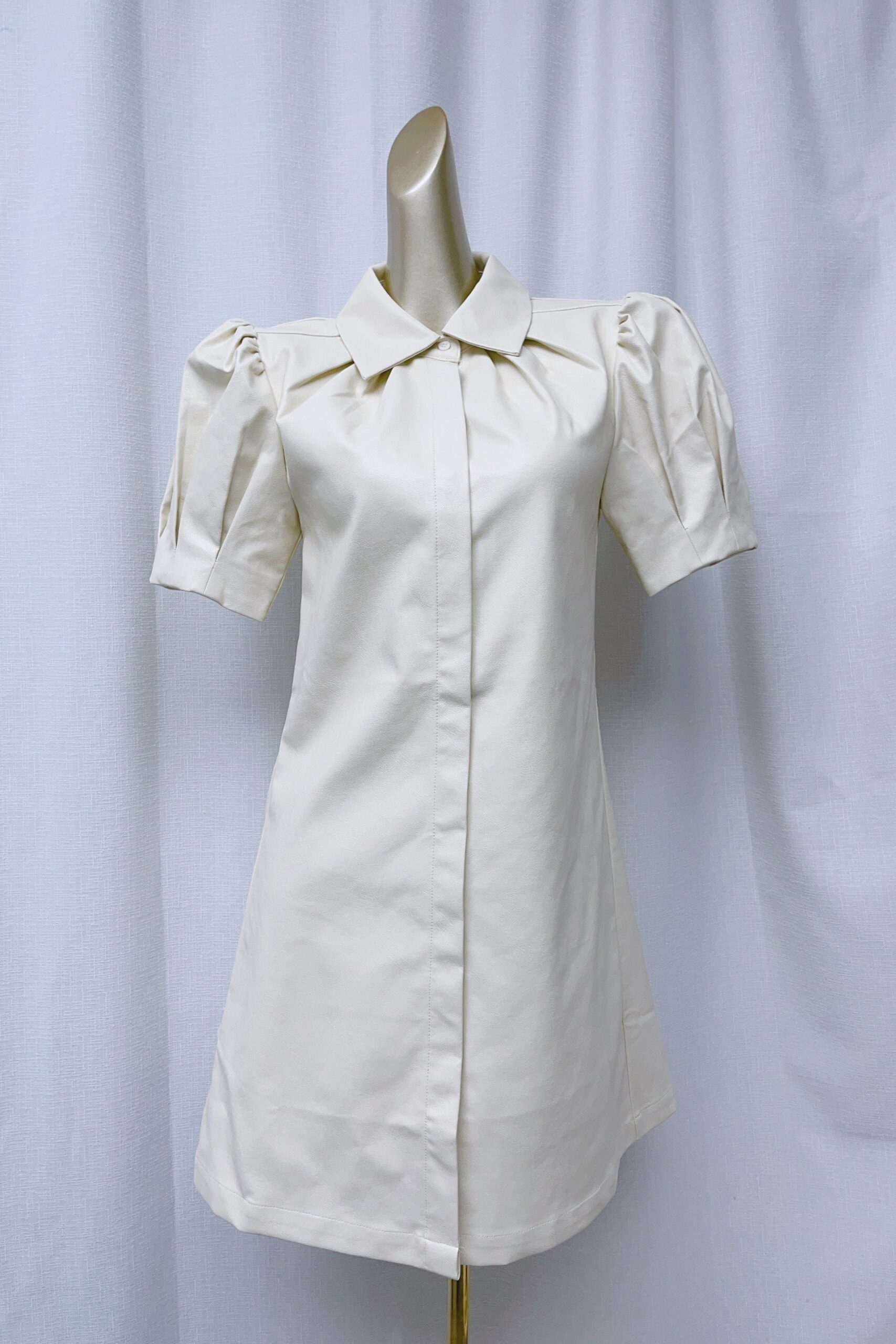 WHITE PUFF SLEEVE LAPEL LEATHER MINI DRESS