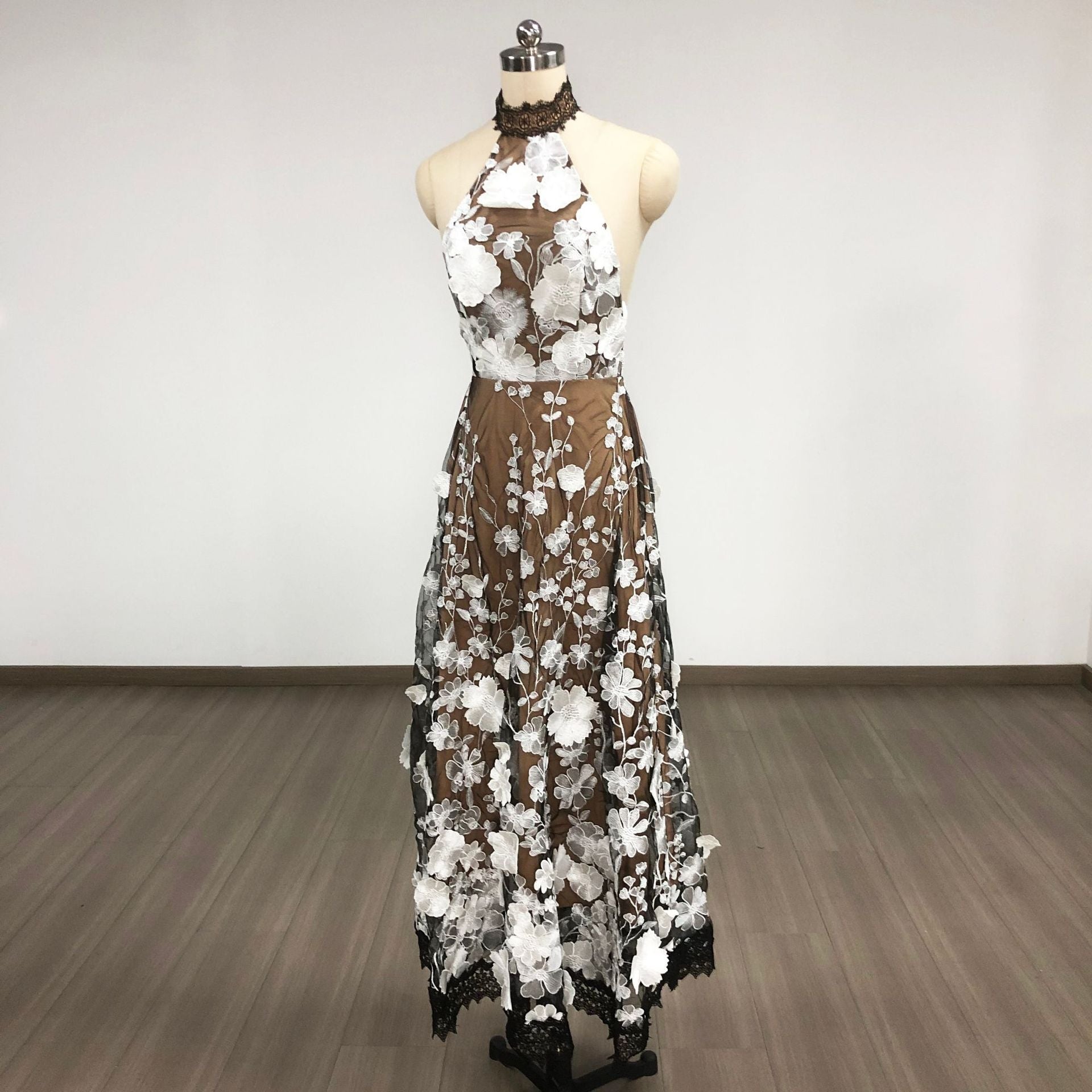 ALYSSA BLACK HALTER FLORAL EMBROIDERED MIDI DRESS